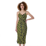 Lime Green And Black Snakeskin Print Slim Fit Midi Cami Dress