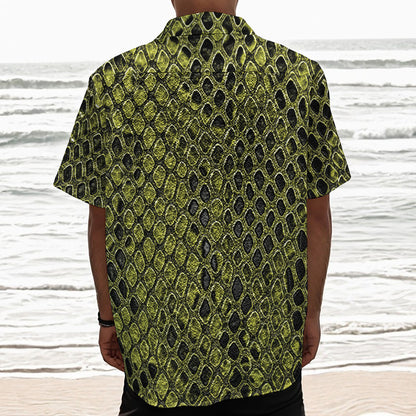 Lime Green And Black Snakeskin Print Textured Short Sleeve Shirt