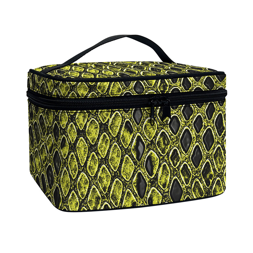 Lime Green And Black Snakeskin Print Travel Makeup Bag