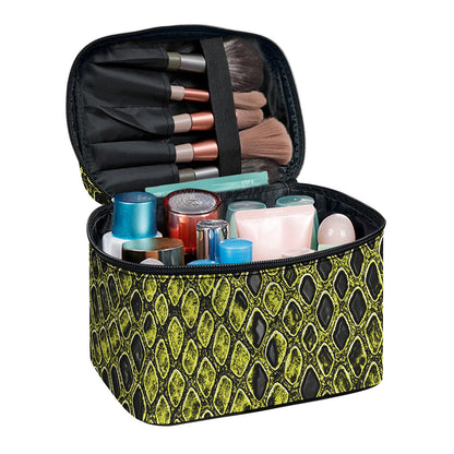 Lime Green And Black Snakeskin Print Travel Makeup Bag