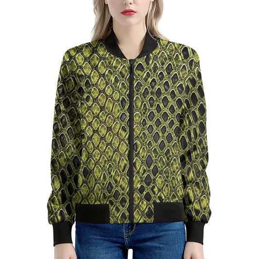 Lime Green And Black Snakeskin Print Women's Bomber Jacket