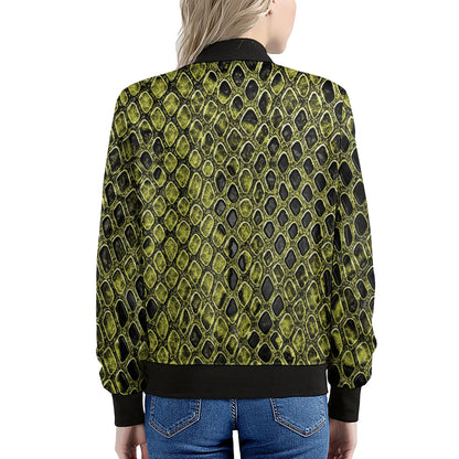 Lime Green And Black Snakeskin Print Women's Bomber Jacket