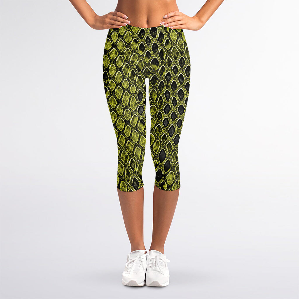 Lime Green And Black Snakeskin Print Women's Capri Leggings