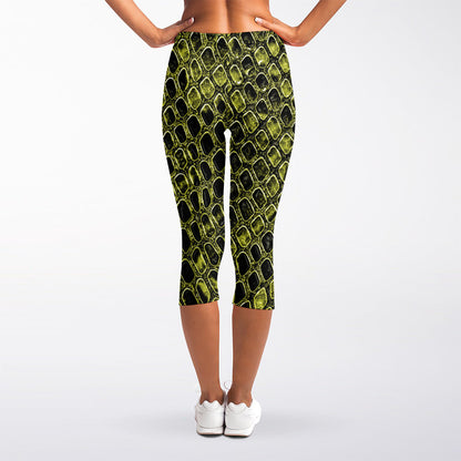 Lime Green And Black Snakeskin Print Women's Capri Leggings