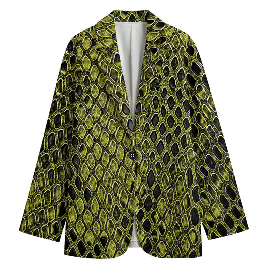 Lime Green And Black Snakeskin Print Women's Cotton Blazer