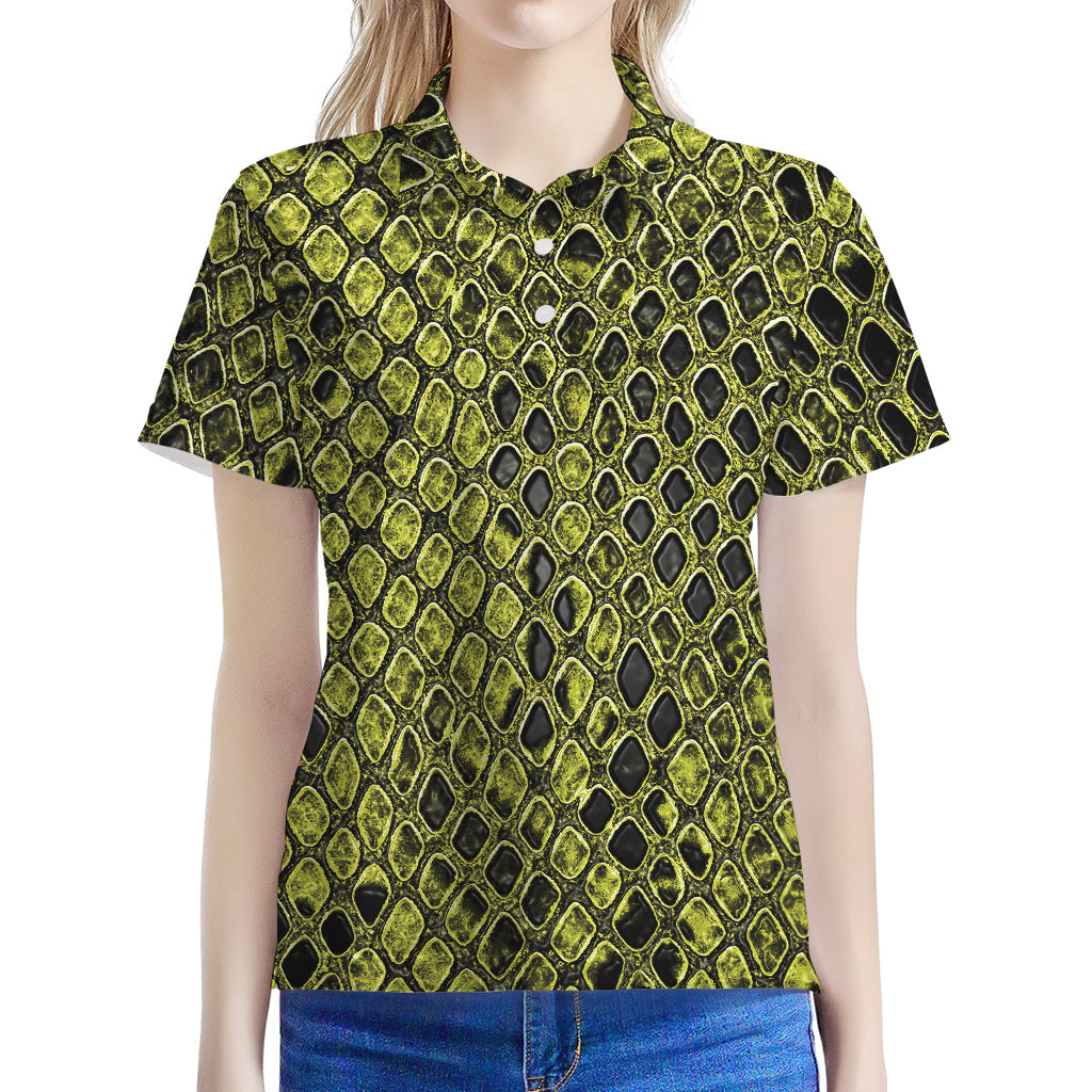 Lime Green And Black Snakeskin Print Women's Polo Shirt