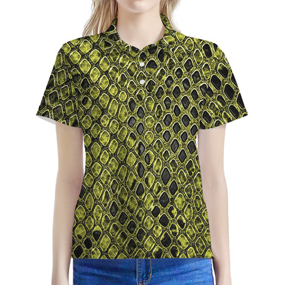 Lime Green And Black Snakeskin Print Women's Polo Shirt