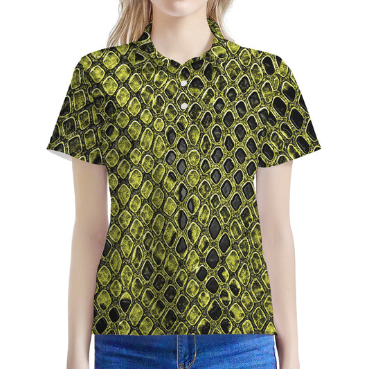 Lime Green And Black Snakeskin Print Women's Polo Shirt