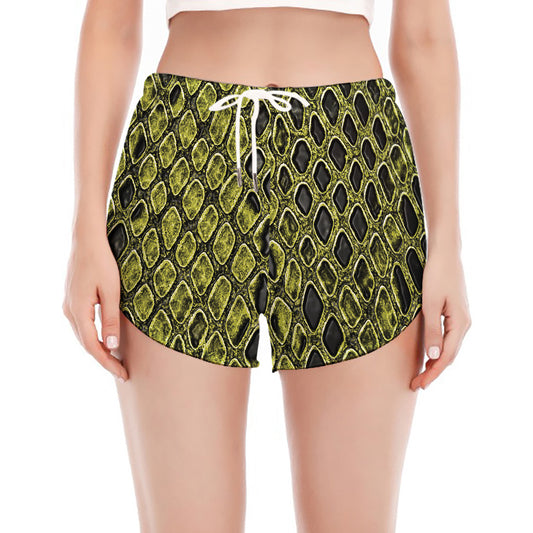 Lime Green And Black Snakeskin Print Women's Split Running Shorts