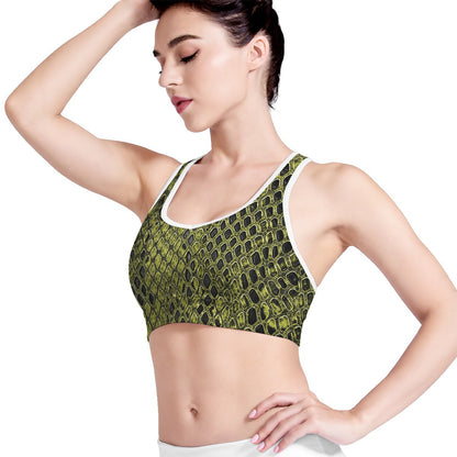 Lime Green And Black Snakeskin Print Women's Sports Bra