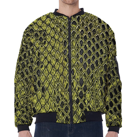 Lime Green And Black Snakeskin Print Zip Sleeve Bomber Jacket