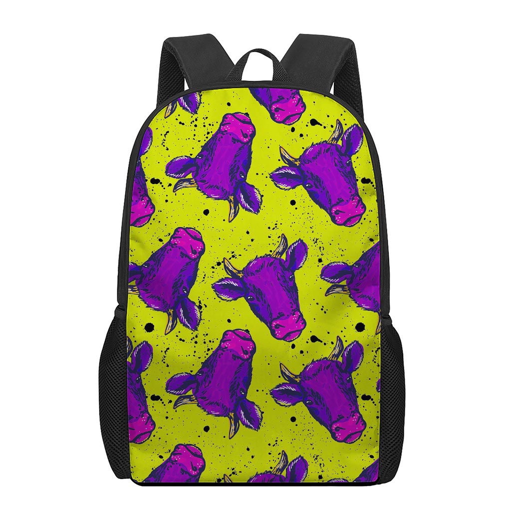 Lime Green And Purple Cow Pattern Print 17 Inch Backpack