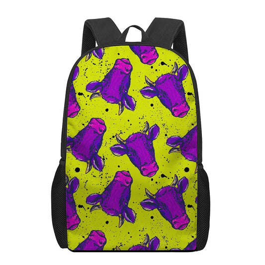 Lime Green And Purple Cow Pattern Print 17 Inch Backpack