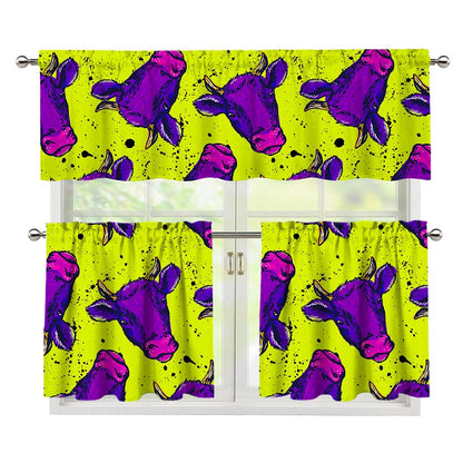 Lime Green And Purple Cow Pattern Print 3 Piece Kitchen Curtains