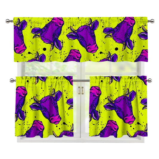 Lime Green And Purple Cow Pattern Print 3 Piece Kitchen Curtains