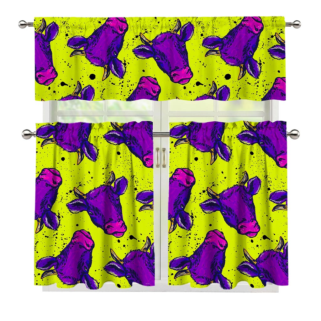 Lime Green And Purple Cow Pattern Print 3 Piece Kitchen Curtains
