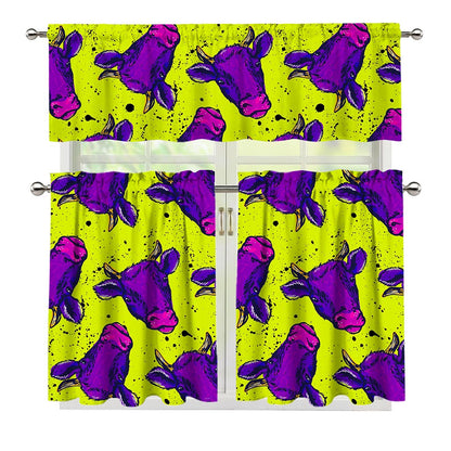 Lime Green And Purple Cow Pattern Print 3 Piece Kitchen Curtains