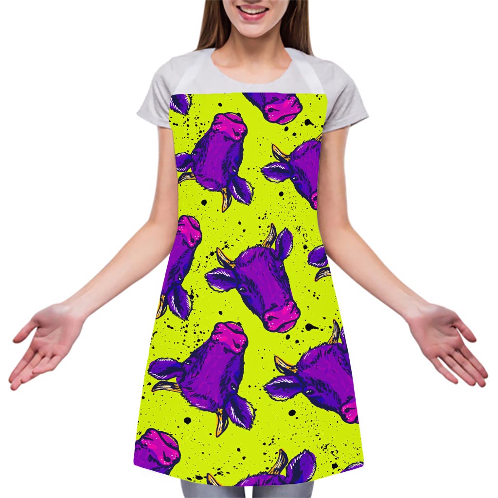 Lime Green And Purple Cow Pattern Print Adjustable Apron