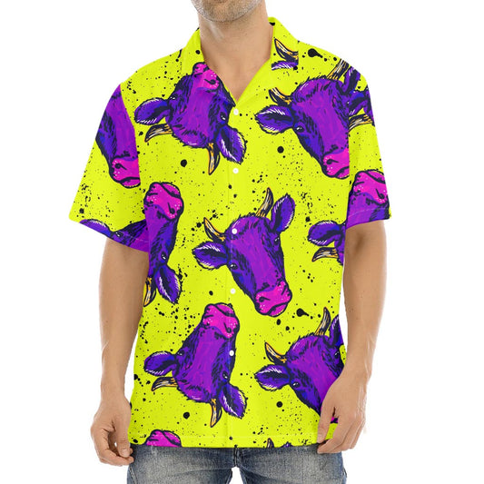 Lime Green And Purple Cow Pattern Print Aloha Shirt