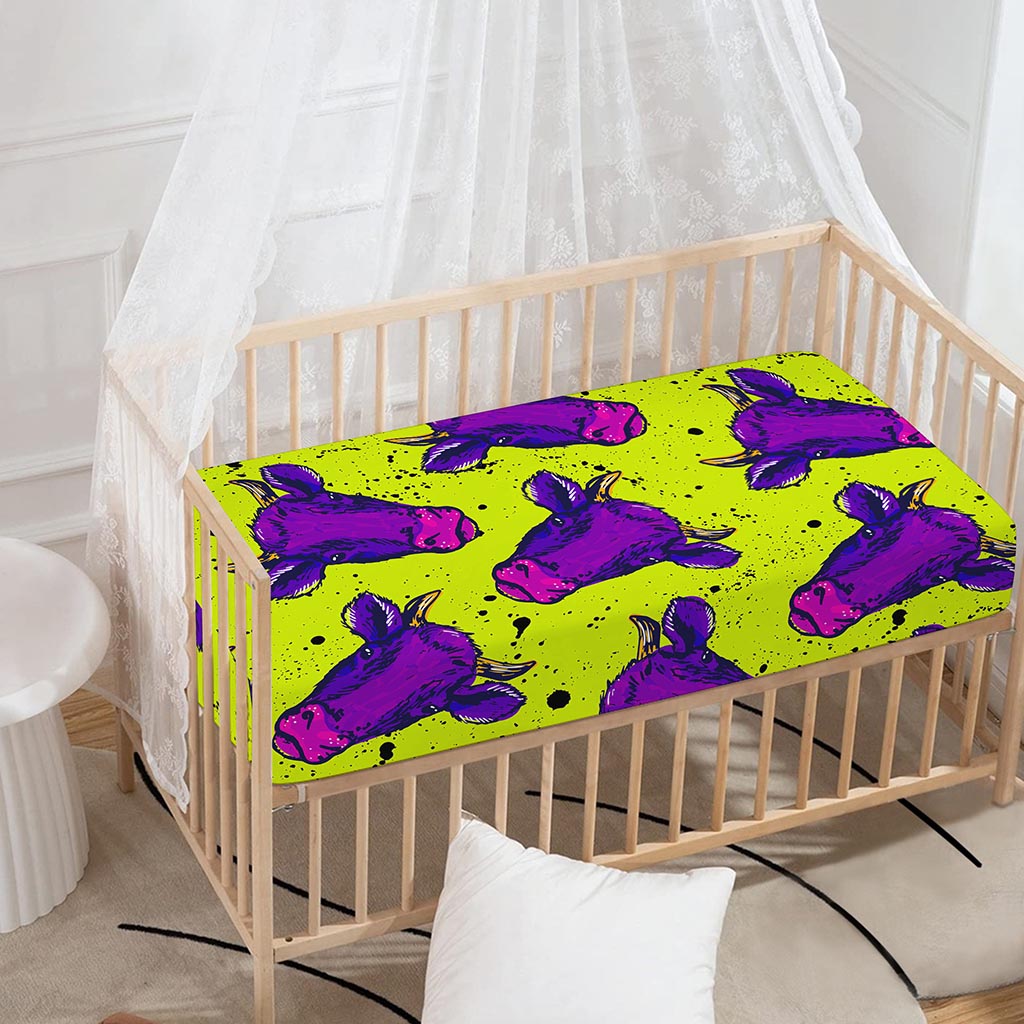 Lime Green And Purple Cow Pattern Print Baby Crib Sheet