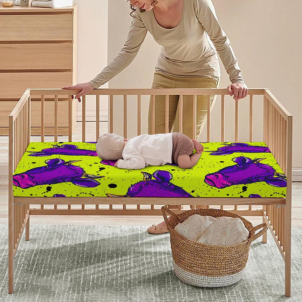Lime Green And Purple Cow Pattern Print Baby Crib Sheet