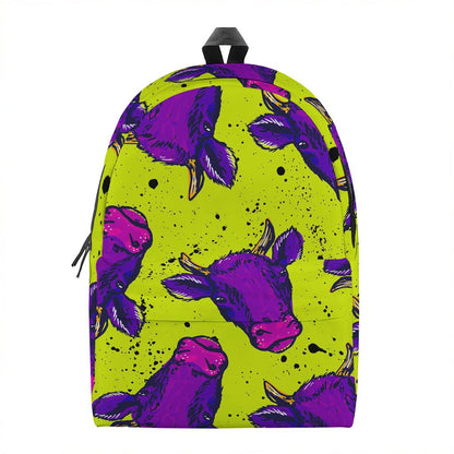 Lime Green And Purple Cow Pattern Print Backpack