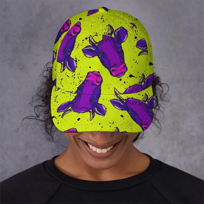 Lime Green And Purple Cow Pattern Print Baseball Cap