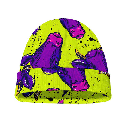 Lime Green And Purple Cow Pattern Print Beanie