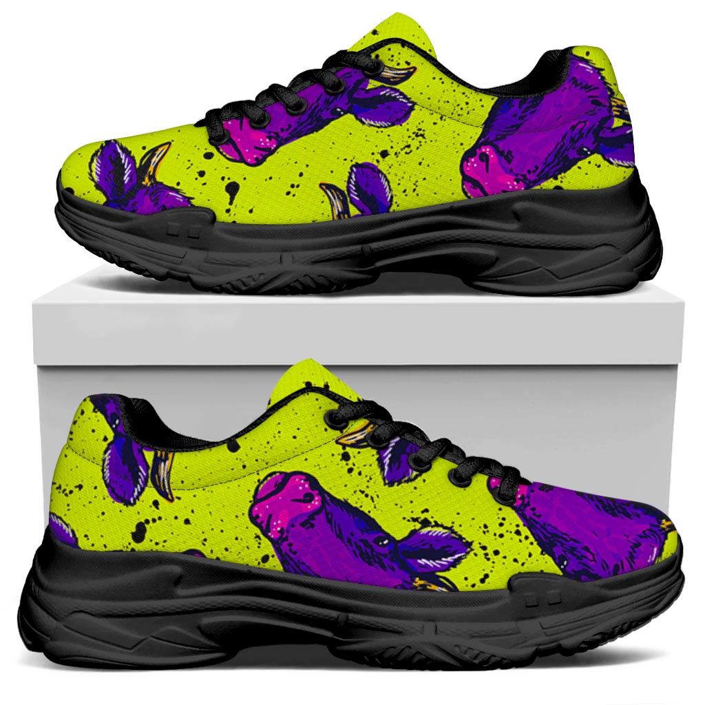 Lime Green And Purple Cow Pattern Print Black Chunky Shoes