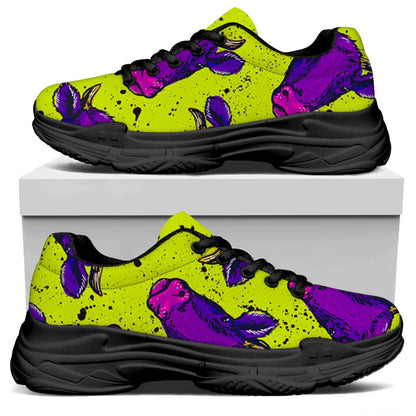 Lime Green And Purple Cow Pattern Print Black Chunky Shoes