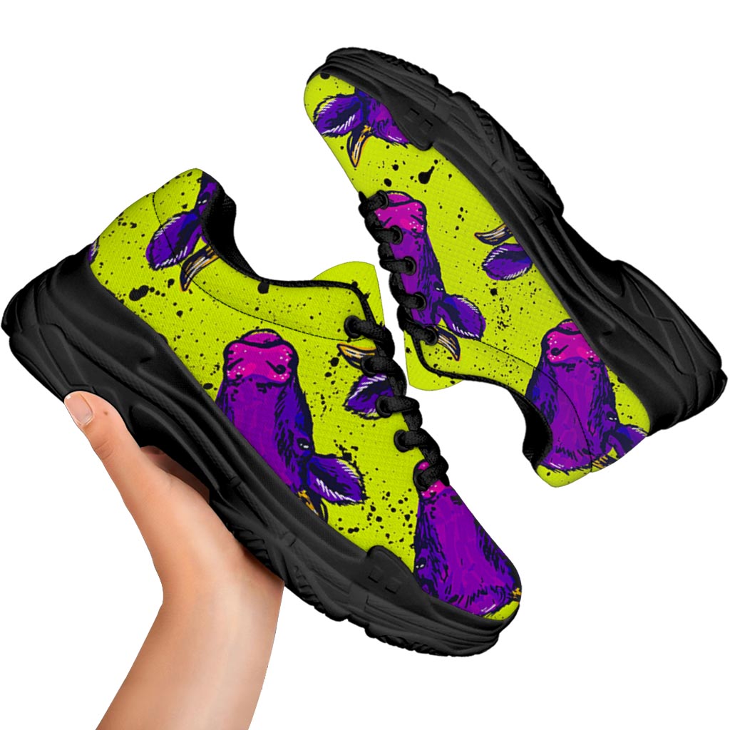 Lime Green And Purple Cow Pattern Print Black Chunky Shoes