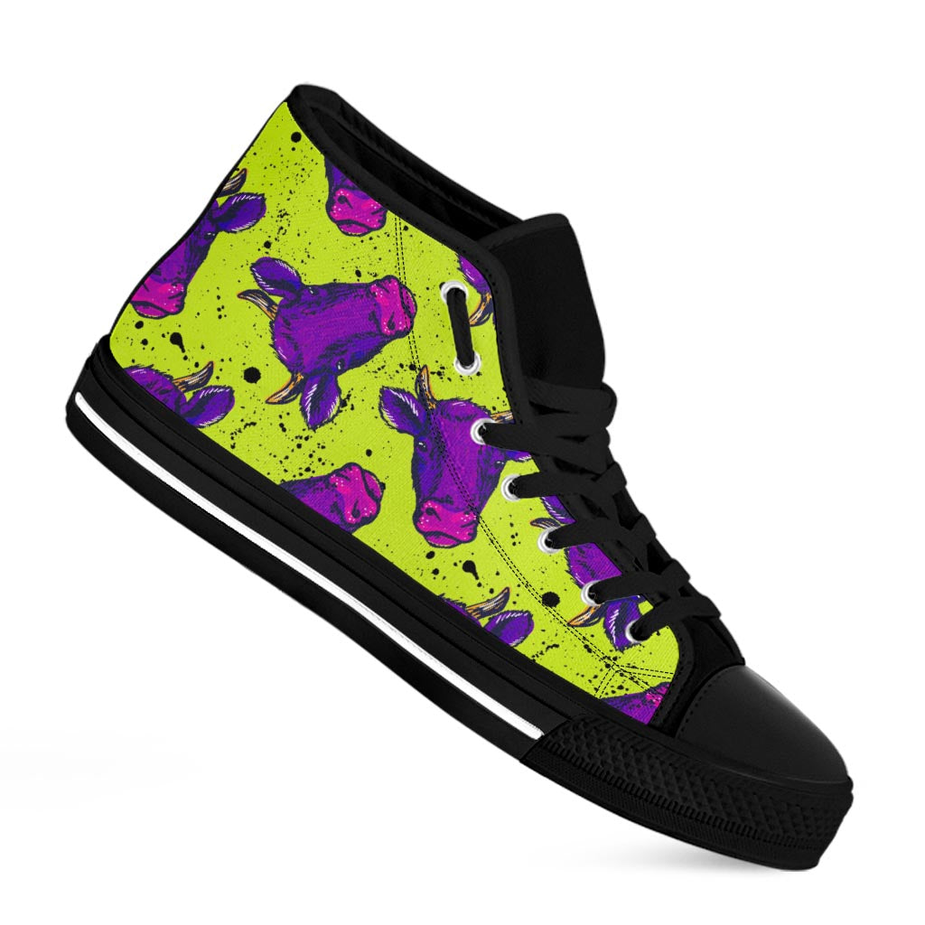 Lime Green And Purple Cow Pattern Print Black High Top Sneakers