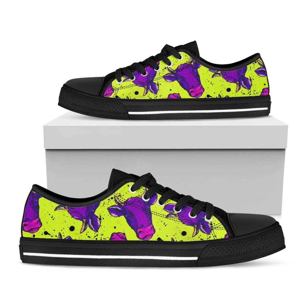 Lime Green And Purple Cow Pattern Print Black Low Top Sneakers