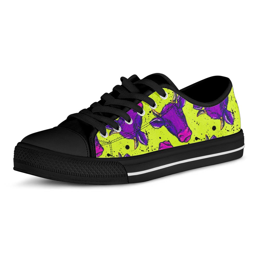 Lime Green And Purple Cow Pattern Print Black Low Top Sneakers