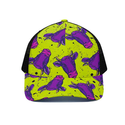 Lime Green And Purple Cow Pattern Print Black Mesh Trucker Cap