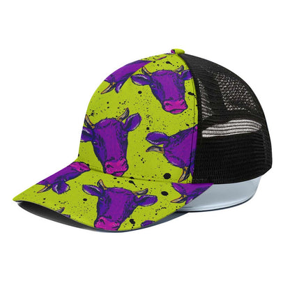 Lime Green And Purple Cow Pattern Print Black Mesh Trucker Cap