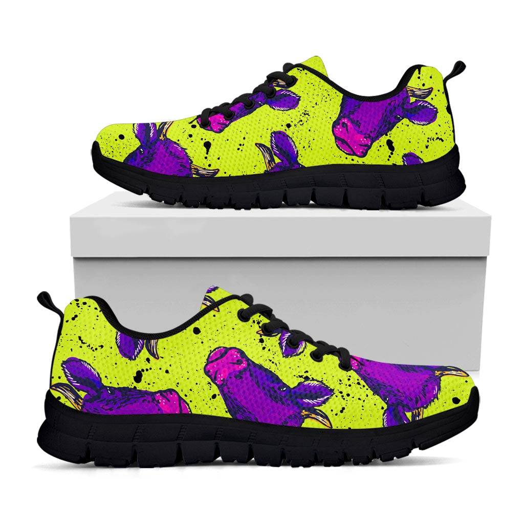Lime Green And Purple Cow Pattern Print Black Running Shoes