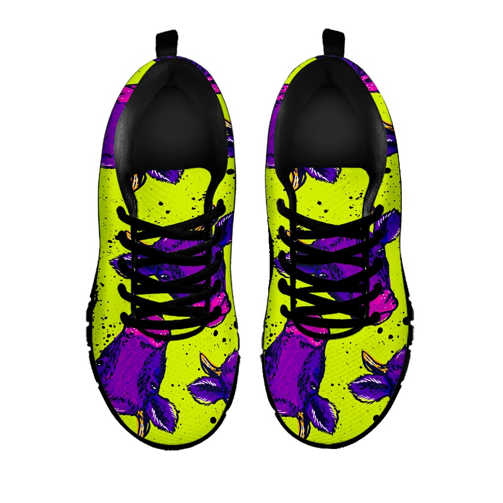 Lime Green And Purple Cow Pattern Print Black Running Shoes