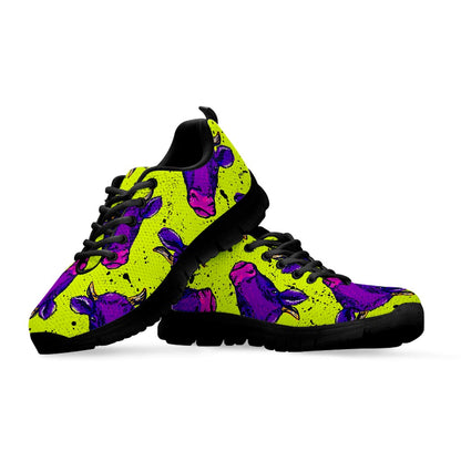 Lime Green And Purple Cow Pattern Print Black Running Shoes