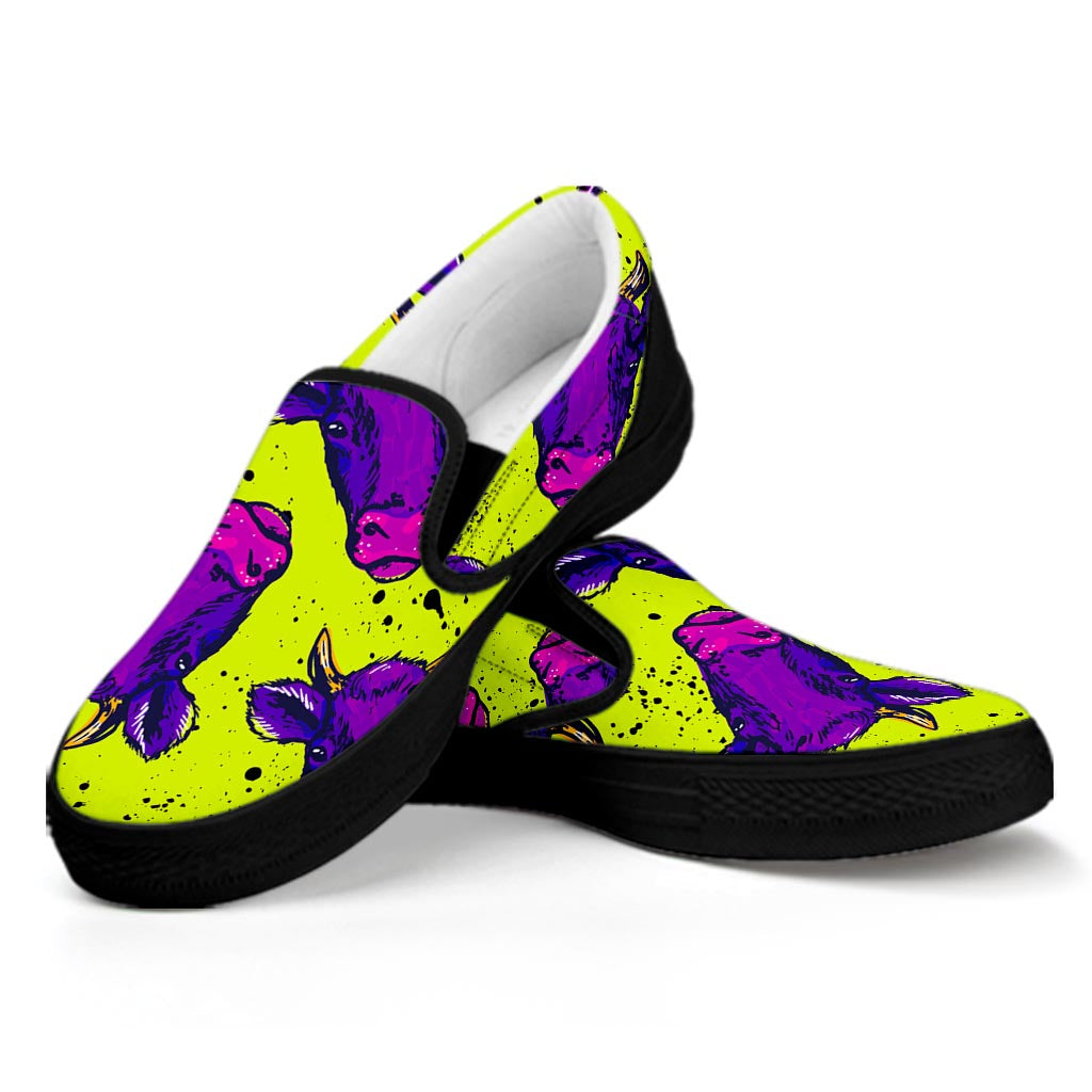 Lime Green And Purple Cow Pattern Print Black Slip On Sneakers
