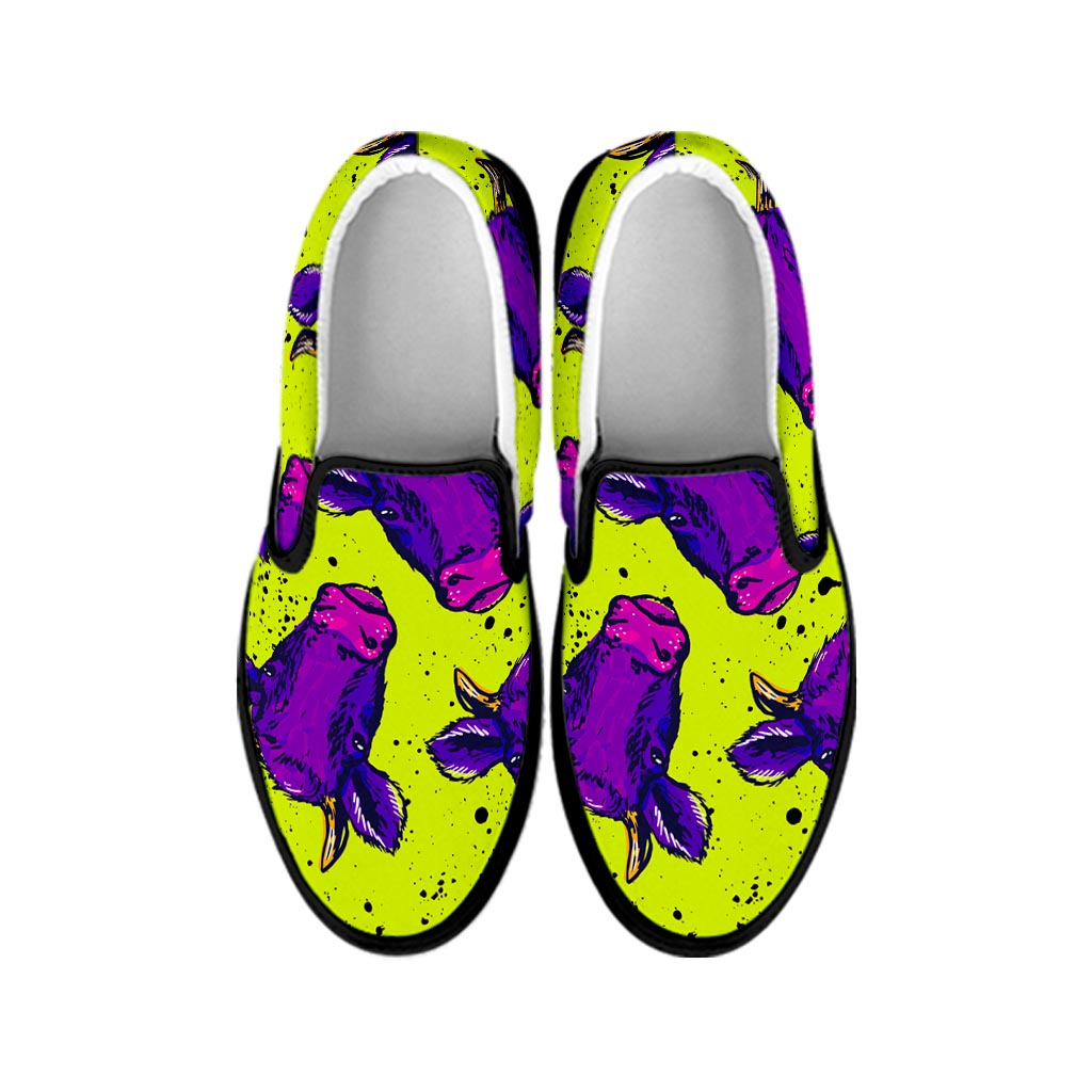 Lime Green And Purple Cow Pattern Print Black Slip On Sneakers
