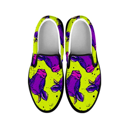 Lime Green And Purple Cow Pattern Print Black Slip On Sneakers