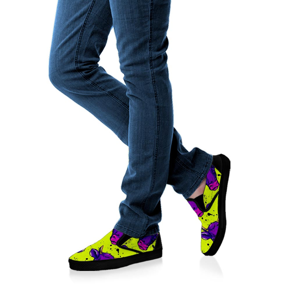Lime Green And Purple Cow Pattern Print Black Slip On Sneakers