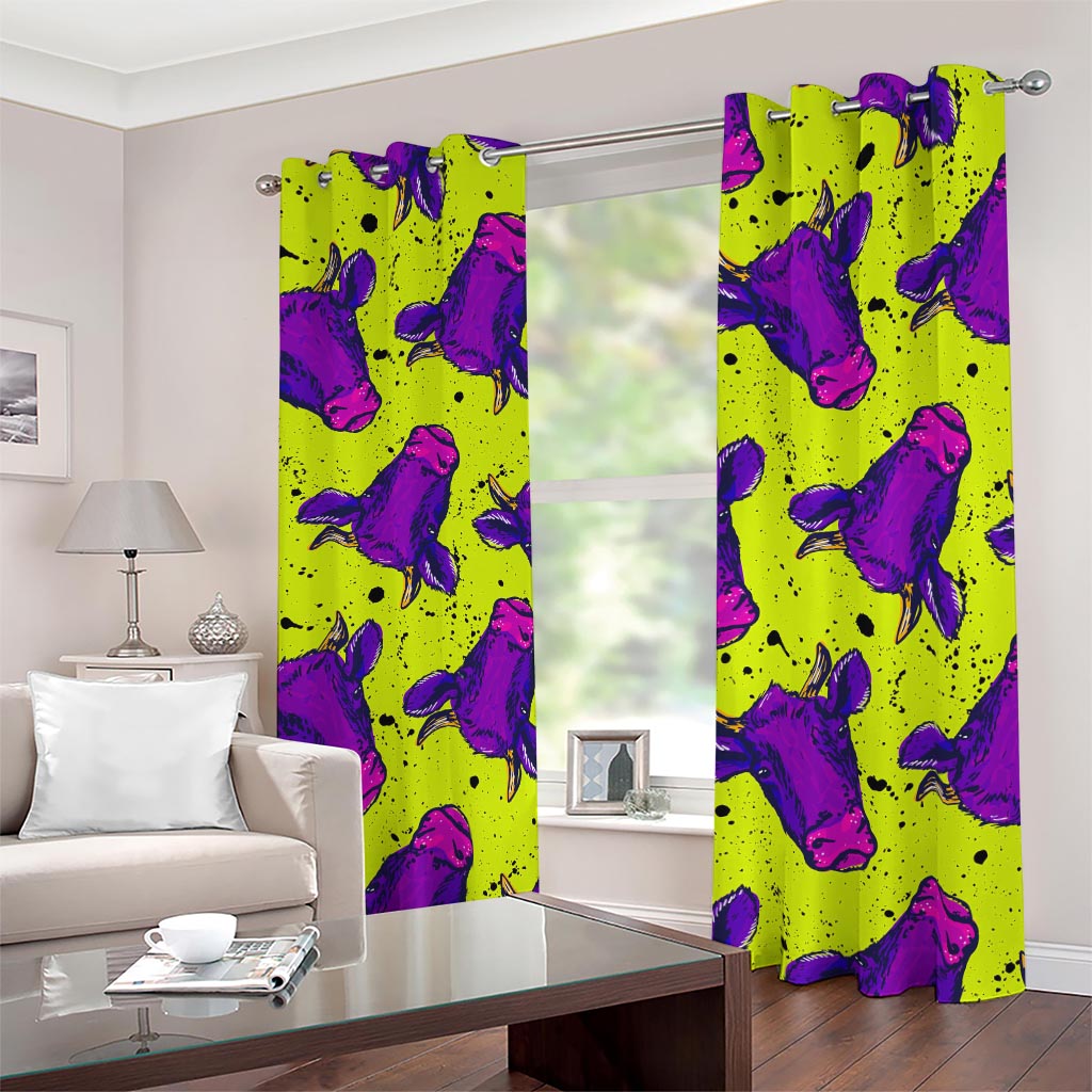 Lime Green And Purple Cow Pattern Print Blackout Grommet Curtains