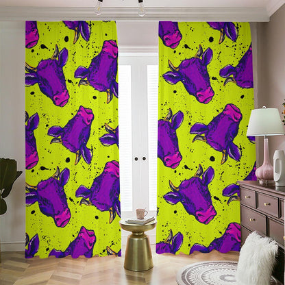 Lime Green And Purple Cow Pattern Print Blackout Pencil Pleat Curtains