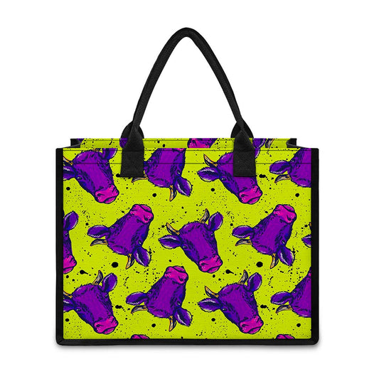 Lime Green And Purple Cow Pattern Print Canvas Tote Bag