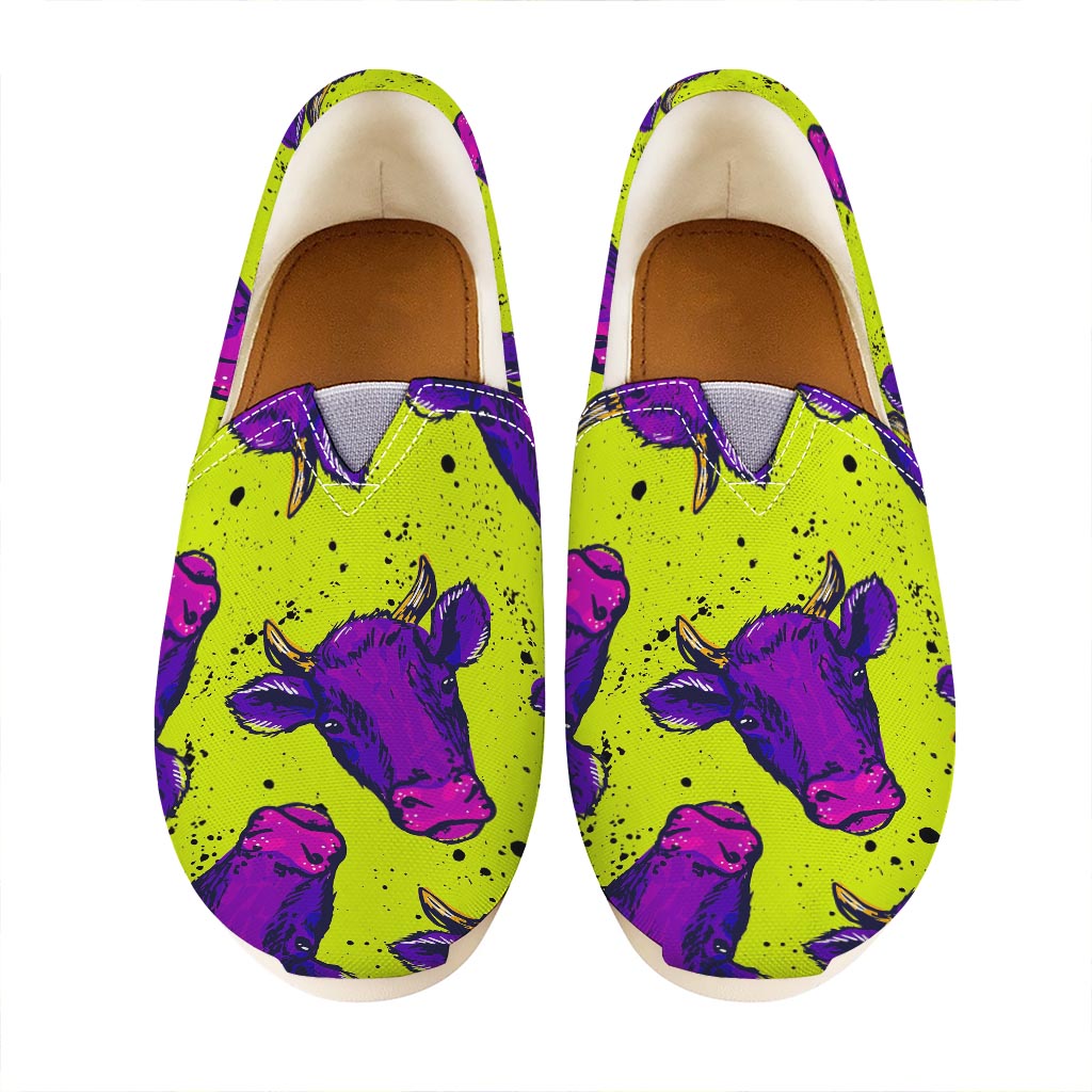 Lime Green And Purple Cow Pattern Print Casual Shoes
