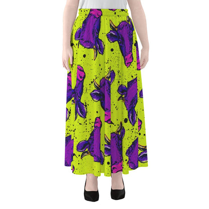 Lime Green And Purple Cow Pattern Print Chiffon Maxi Skirt