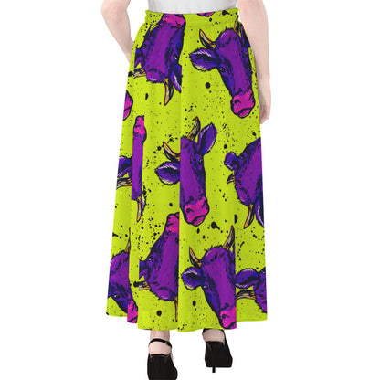Lime Green And Purple Cow Pattern Print Chiffon Maxi Skirt
