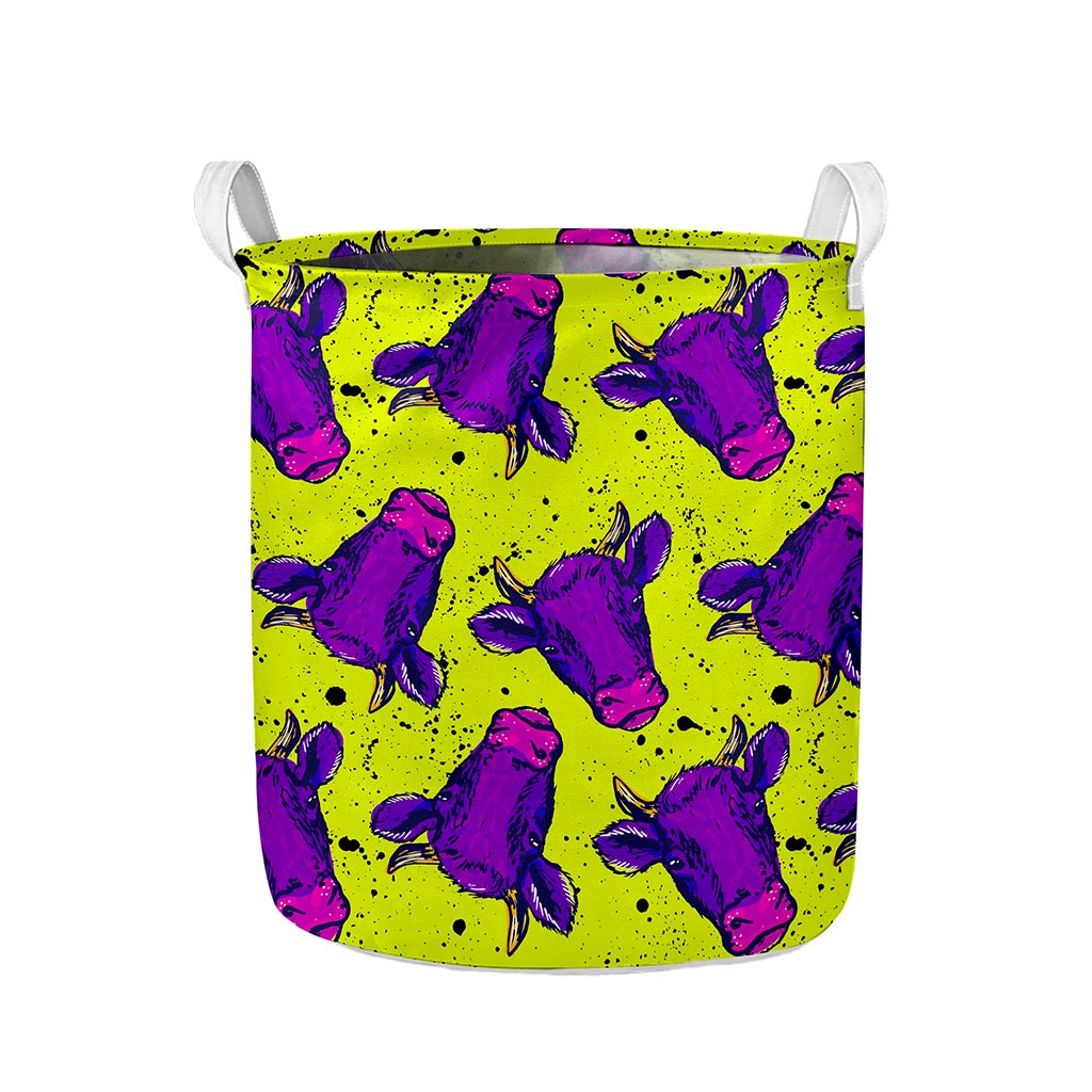 Lime Green And Purple Cow Pattern Print Collapsible Laundry Basket